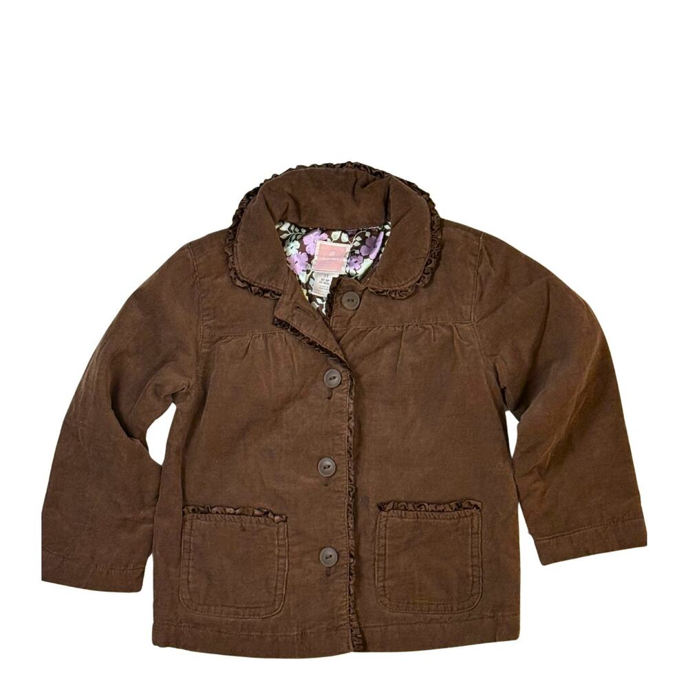 Old Navy Girls 3T Brown Corduroy Jacket Ruffle Trim Floral Lined Button Coat
